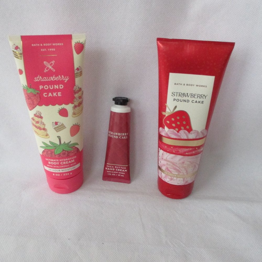 NWT - Bath & Body Works 3 piece Strawberry Pound Cake- 2 full size/1 travel size